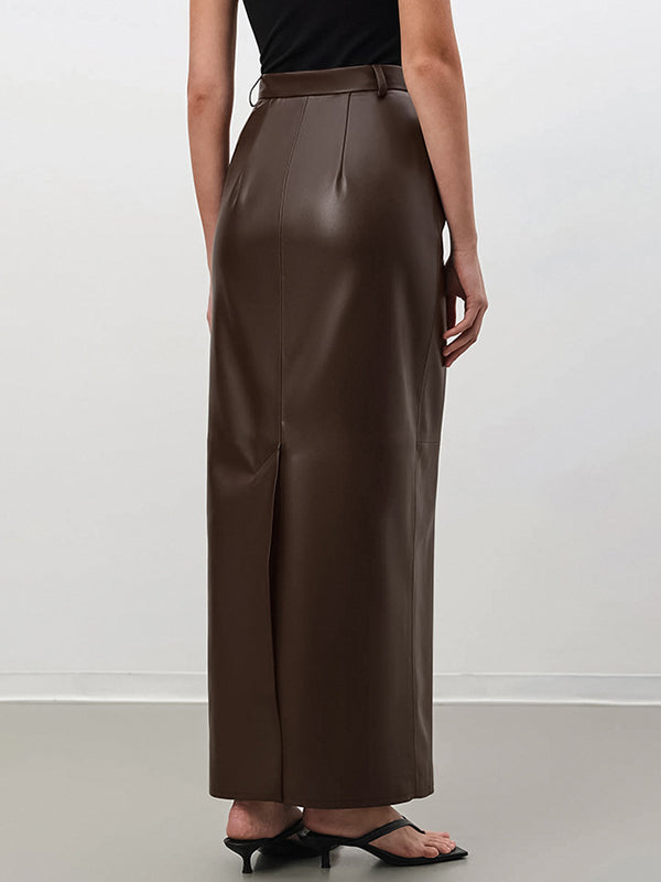 Buttoned Solid Color Split-back A-line High Waisted Skirts Bottoms