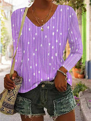 Printed Long Sleeves Loose V-Neck T-Shirts