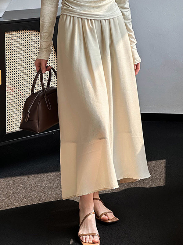 Elasticity Pleated Solid Color Split-Joint A-line High Waisted Skirts Bottoms