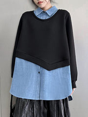 Asymmetric Buttoned Contrast Color Split-Joint False Two Long Sleeves Lapel Sweatshirt Tops