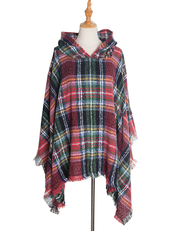 Fringed Hooded Keep Warm Plaid Shawl&Cloak Cape