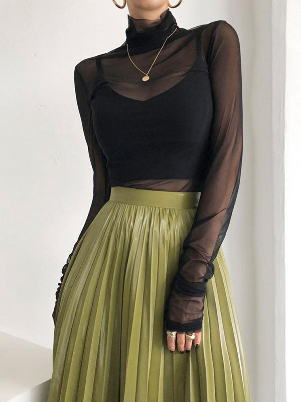 Gauze See-Through Solid Color Long Sleeves Skinny High Neck T-Shirts