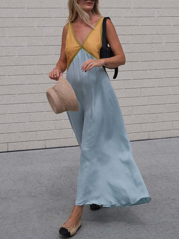 Contrast Color Split-Joint Loose Sleeveless Deep V-Neck Maxi Dresses