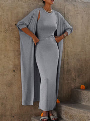Solid Color Long Sleeves Round-Neck Inner Dress + Bodycon Outerwear Two Pieces Set