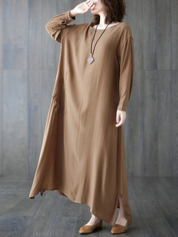 Casual Long Sleeves Loose Solid Color Round-Neck Maxi Dresses