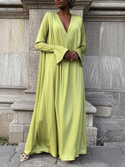 Solid Color A-Line Flared Sleeves V-Neck Maxi Dresses