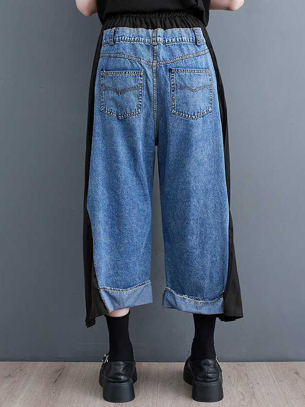 Elasticity Pleated Split-Joint High Waisted Loose Jean Pants Bottoms