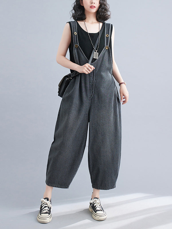 Buttoned Cropped Loose Denim Overalls