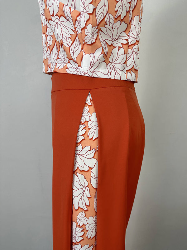 Long Sleeves Mock Neck Flower Print Hollow Shirts Top + High Waisted Pants Bottom Two Pieces Set