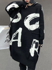 Knitted Letters Pockets Long Sleeves Loose Hooded Sweater Dresses Mini Dresses