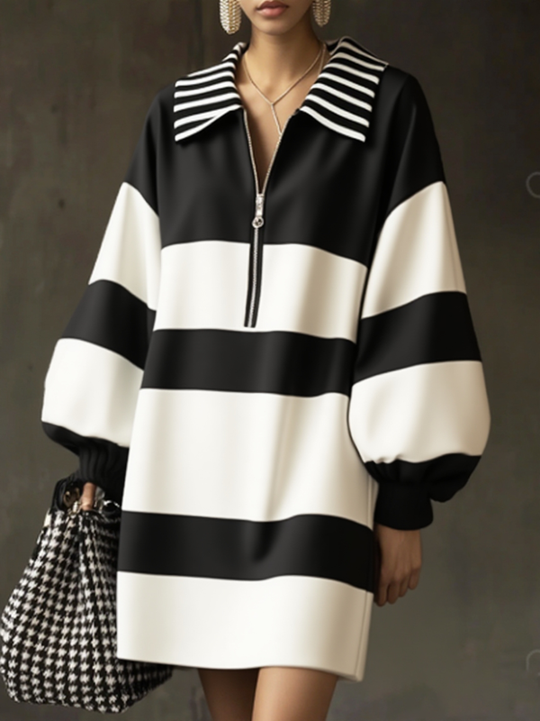 Contrast Color Striped Zipper Long Sleeves Puff Sleeves Lapel Mini Dresses