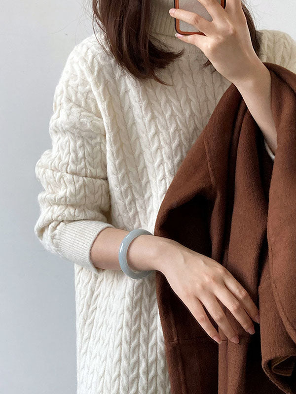 Stylish Loose Long Sleeves Solid Color High-Neck Twist Sweater Dresses
