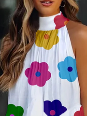 Loose Sleeveless Falbala Floral Printed Stand Collar Vest Top