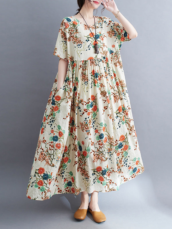 Floral Printed Loose Short Sleeves Round-neck Midi Dresses