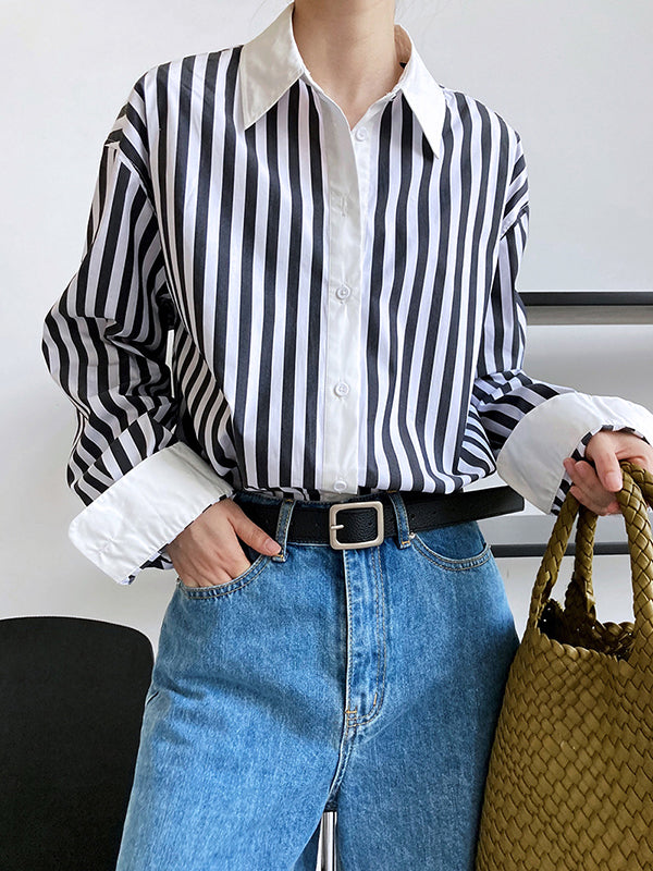 Simple Long Sleeves Contrast Color Striped Lapel Blouse Top