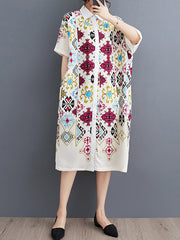 Buttoned Printed A-Line Loose Lapel Midi Dresses
