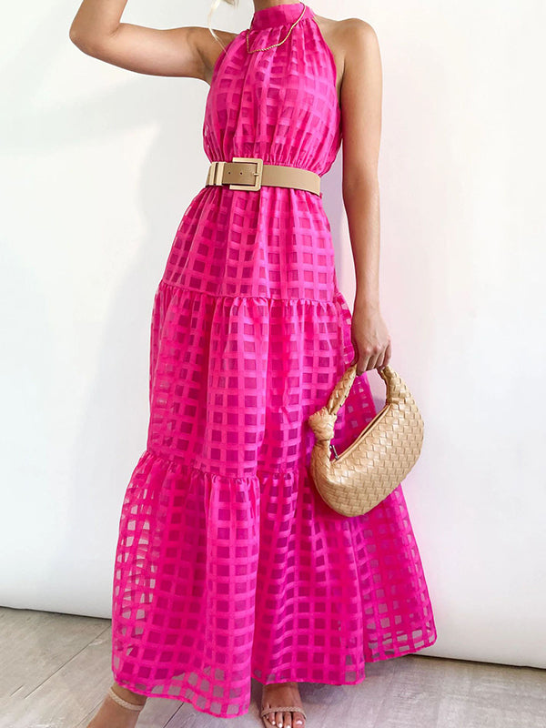 Plaid Ribbed Loose Sleeveless Stand Collar Maxi Dresses