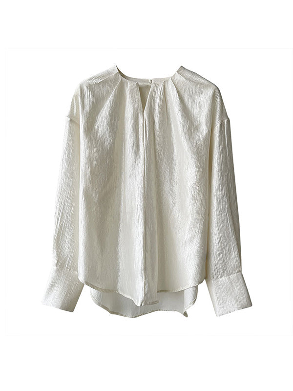 Hollow Shiny Solid Color Long Sleeves Loose Round-Neck Blouses&Shirts Tops