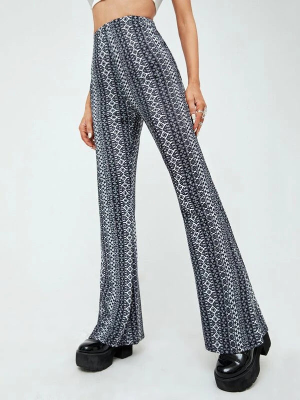 Elasticity Printed Split-Joint High Waisted Skinny Pants Flared Trousers