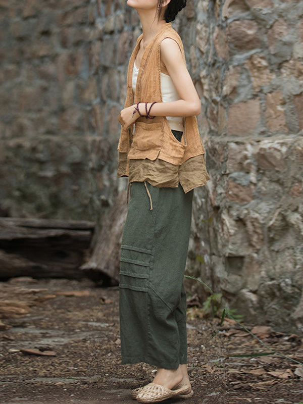 Pleated Solid Color Split-Joint High Waisted Loose Trousers Ninth Pants