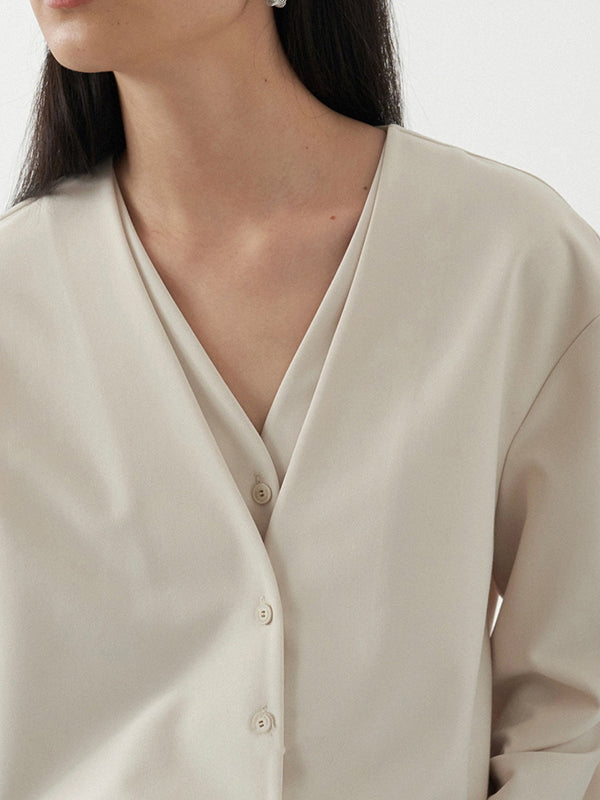 Buttoned Solid Color False Two Long Sleeves V-Neck Blouses&Shirts Tops