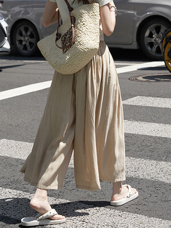 Pleated Solid Color Split-Joint High Waisted Wide Leg Pants