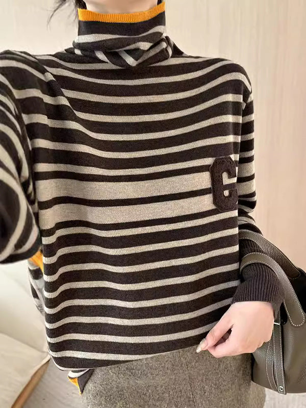 Contrast Color Knitted Letters Split-Joint Striped Long Sleeves Loose High Neck Sweater Tops Pullovers