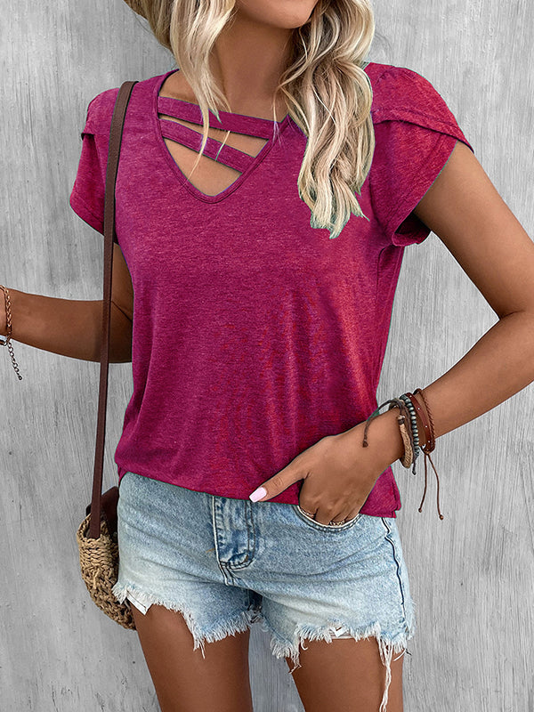 Solid Color Loose Short Sleeves V-neck T-Shirts Tops