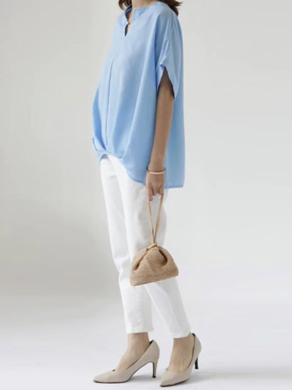 Pleated Solid Color Split-Joint Batwing Sleeves Loose Round-Neck Blouses&Shirts Tops