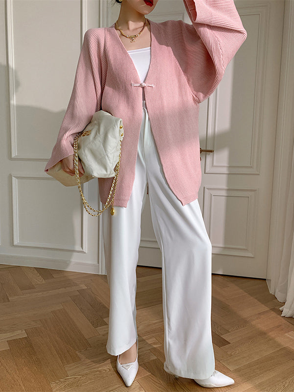 Long Sleeves Loose Solid Color Knitted Cardigan Tops