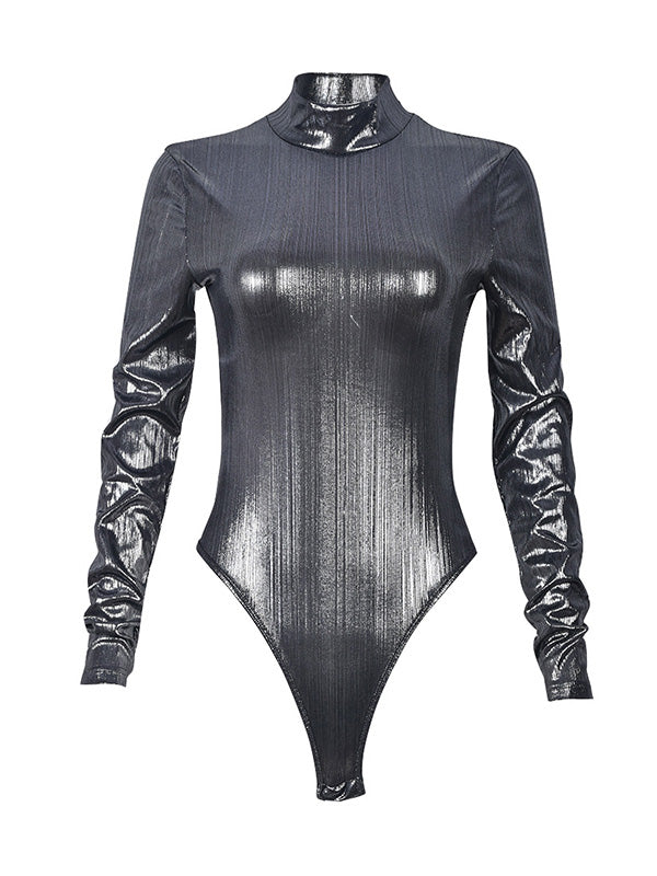 Bronzing Solid Color Long Sleeves Skinny Mock Neck Bodysuits