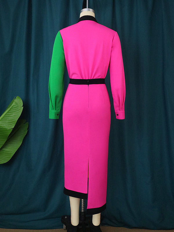 Asymmetric Buttoned Contrast Color Split-back High Waisted Long Sleeves Lapel Midi Dresses