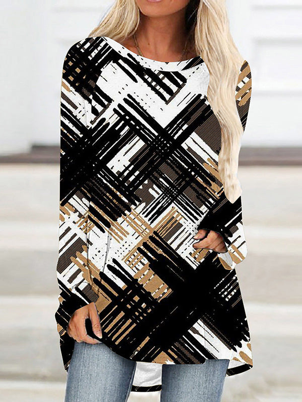 Printed High-Low Long Sleeves Round-Neck T-Shirts Tops