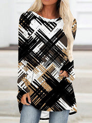 Printed High-Low Long Sleeves Round-Neck T-Shirts Tops