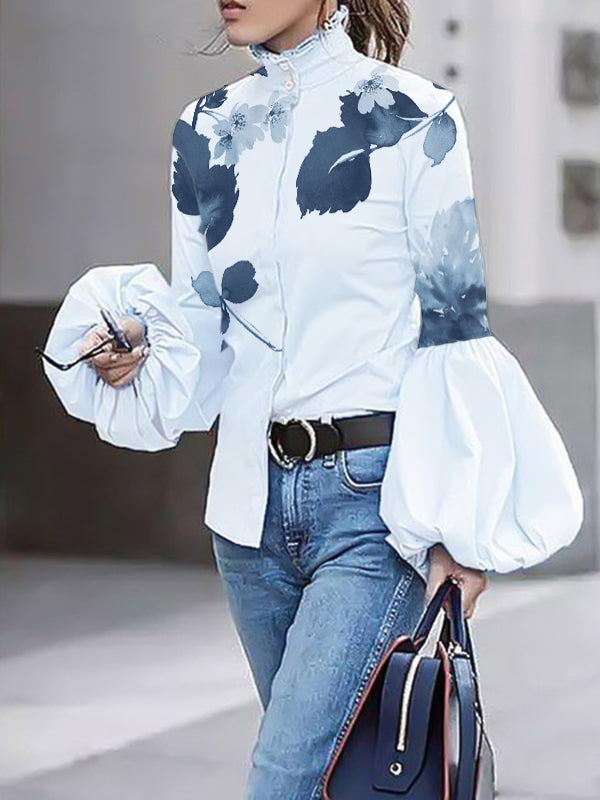 Buttoned Leaves Print Long Sleeves Loose High-Neck Blouses&Shirts Tops