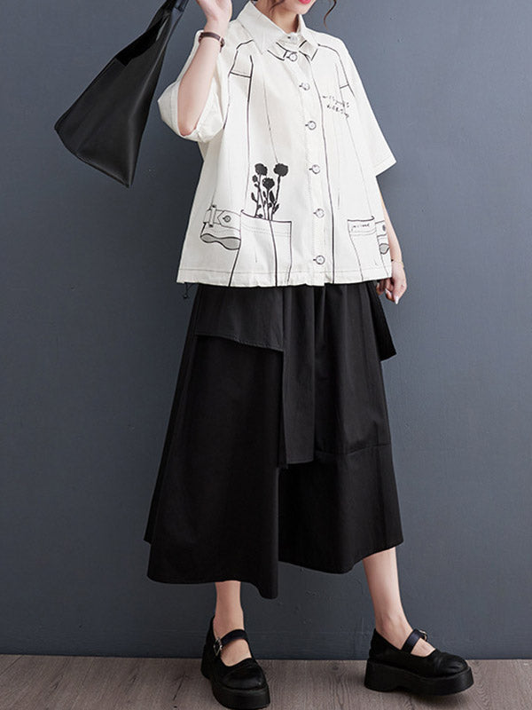 Buttoned Printed Loose Short Sleeves Lapel Blouses&Shirts Tops