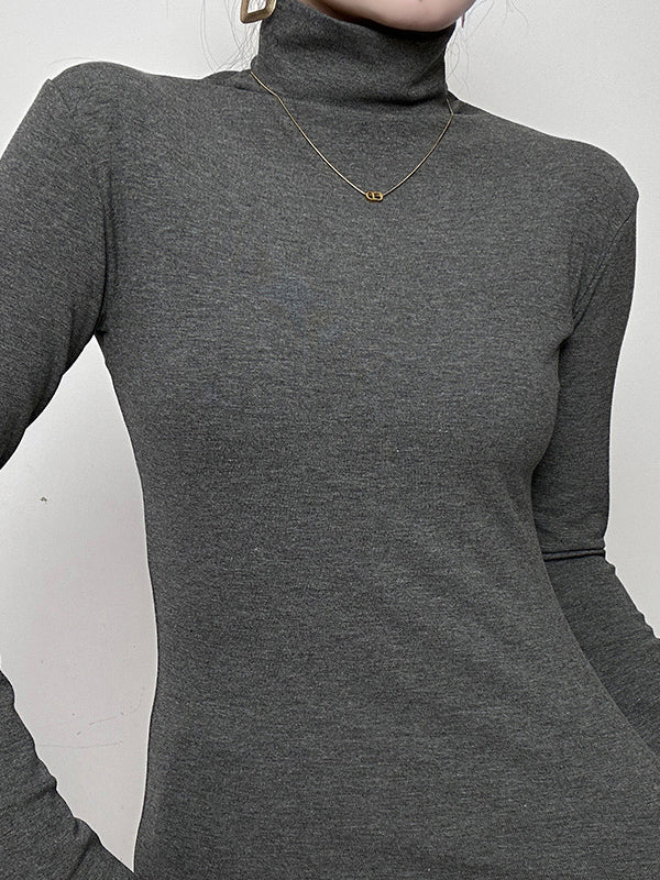 Solid Color Long Sleeves Skinny High Neck T-Shirts Tops
