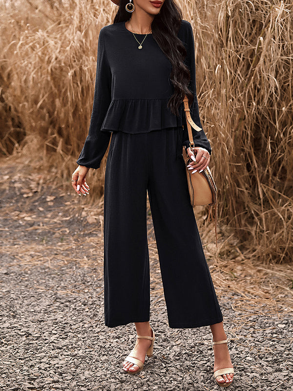 Round-Neck Long Sleeves Loose Pleated Solid Color Split-Joint Shirts Top + Pants Bottom Two Pieces Set