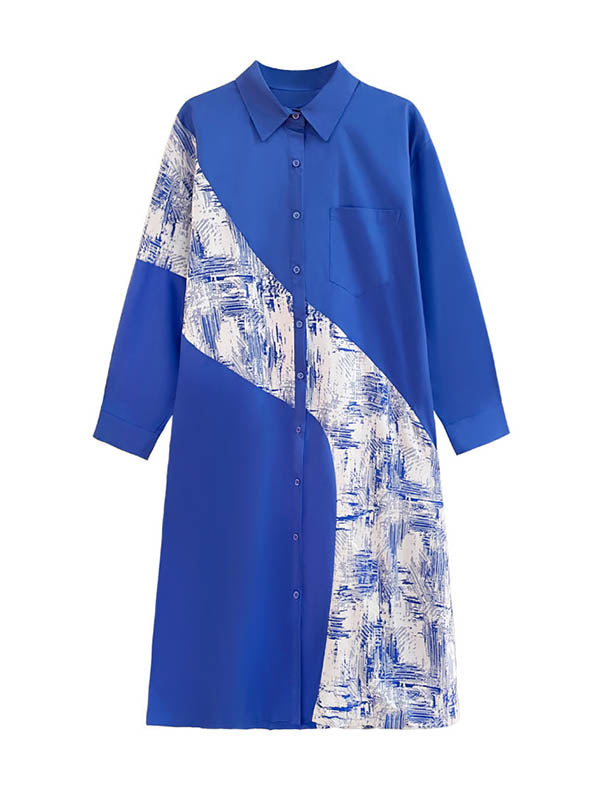 Asymmetric Buttoned Printed A-line Long Sleeves Lapel Shirt Dress Midi Dresses