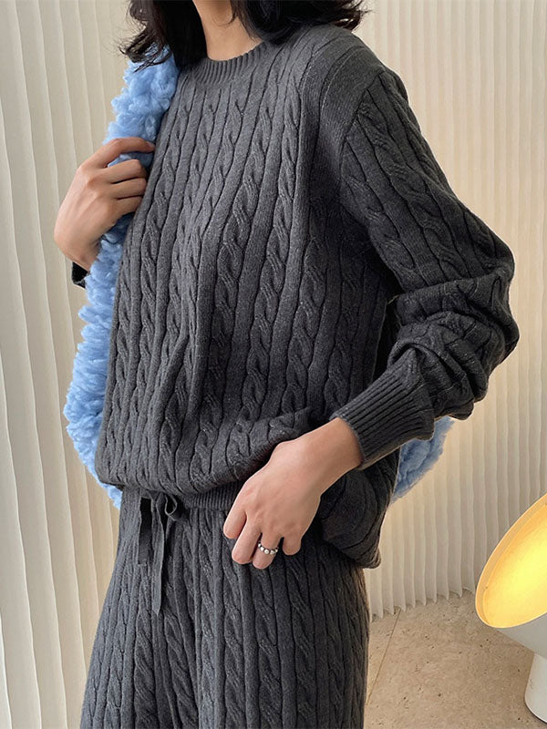 Casual Loose Long Sleeves Jacquard Solid Color Round-Neck Sweater Tops
