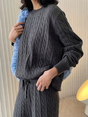 Casual Loose Long Sleeves Jacquard Solid Color Round-Neck Sweater Tops
