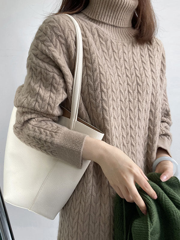 Stylish Loose Long Sleeves Solid Color High-Neck Twist Sweater Dresses