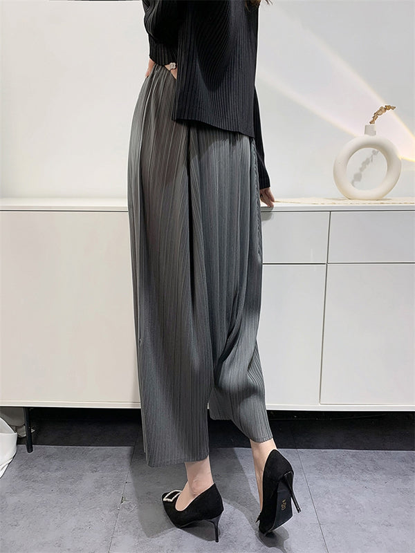Elasticity Pleated Solid Color Split-Joint Harem Pants High Waisted Trousers Pants Ninth Pants