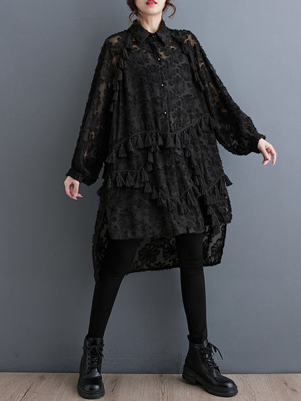 Buttoned Flower Print Solid Color Split-Joint Split-side Tasseled A-line High-low Lapel Midi Dresses