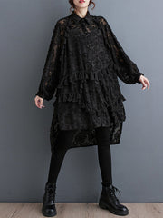 Buttoned Flower Print Solid Color Split-Joint Split-side Tasseled A-line High-low Lapel Midi Dresses