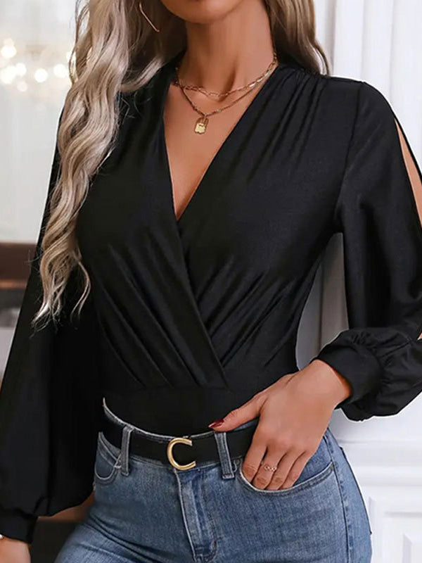 Hollow Pleated Solid Color Split-Joint High Waisted Long Sleeves V-Neck Bodysuits