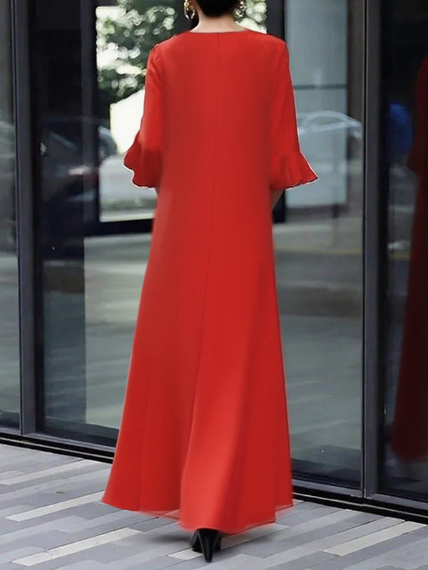 Solid Color Zipper A-Line Flared Sleeves Round-Neck Maxi Dresses