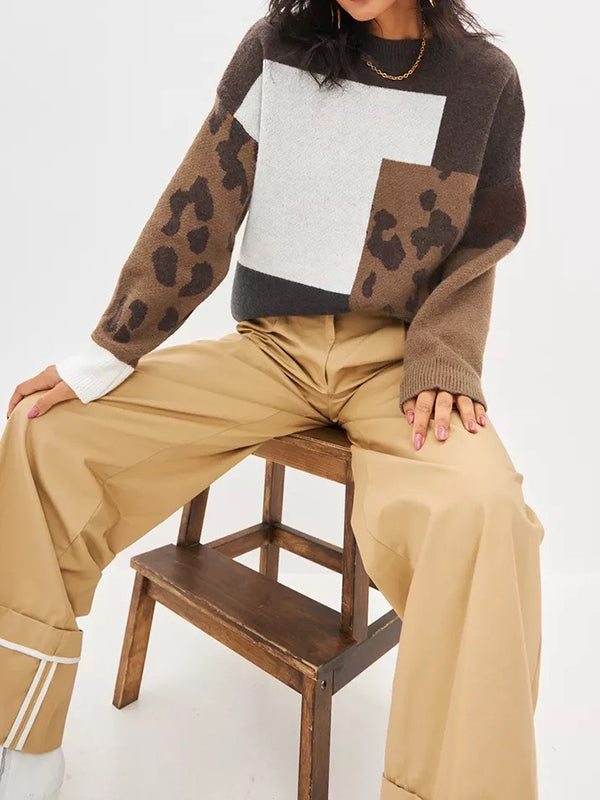 Contrast Color Leopard Split-Joint Long Sleeves Loose Round-Neck Sweater Tops Pullovers