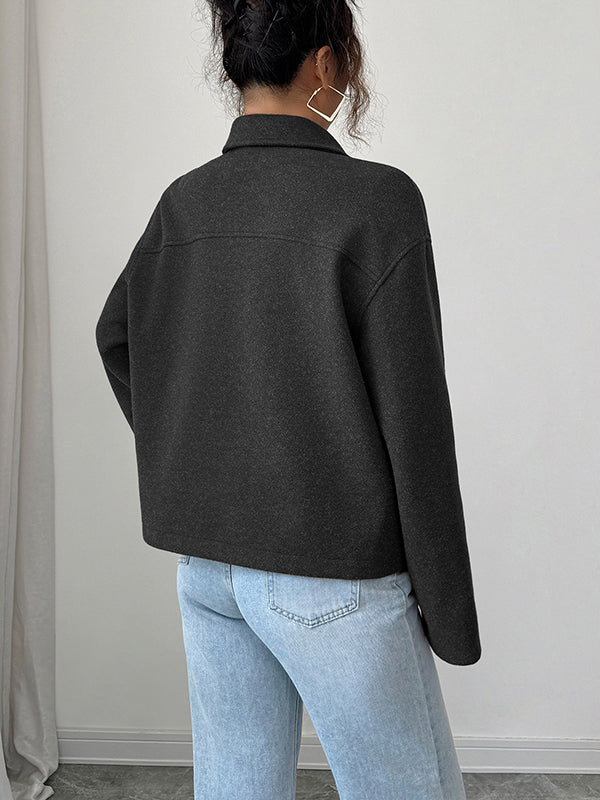 Solid Color Zipper Long Sleeves Loose Lapel Outerwear