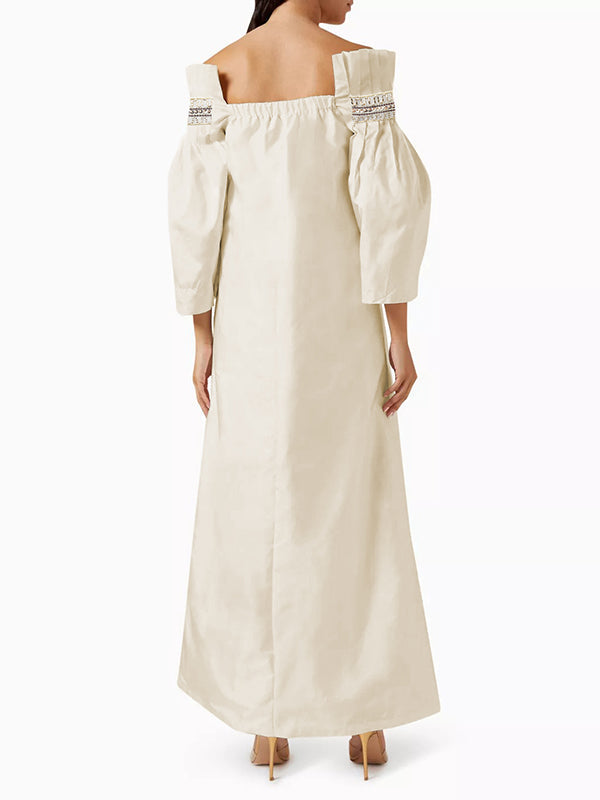 Long Sleeves Embroidered Pleated Square-Neck Evening Dresses